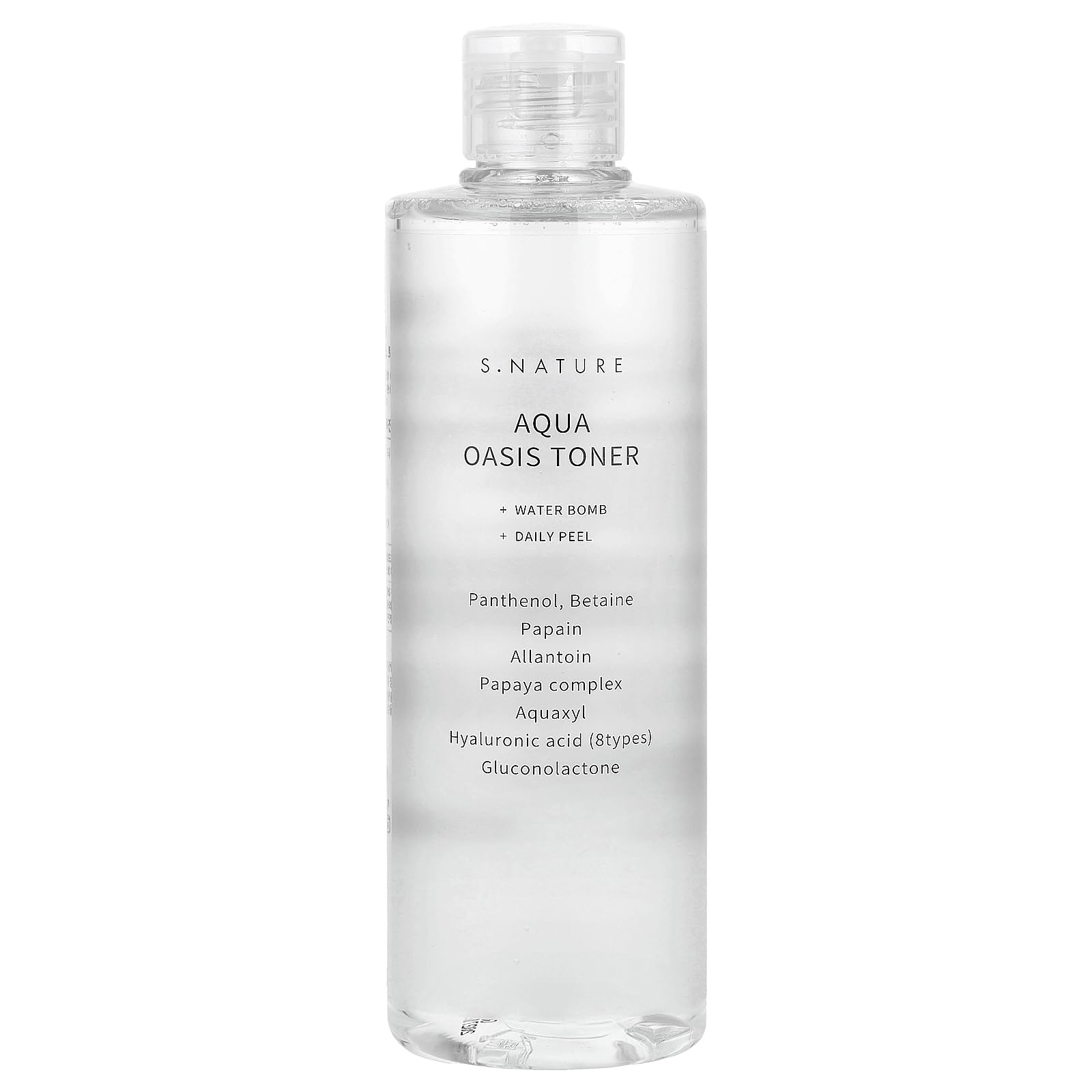 Tónico S.NATURE Aqua Oasis Toner en botella, hidratación suave para pieles sensibles.