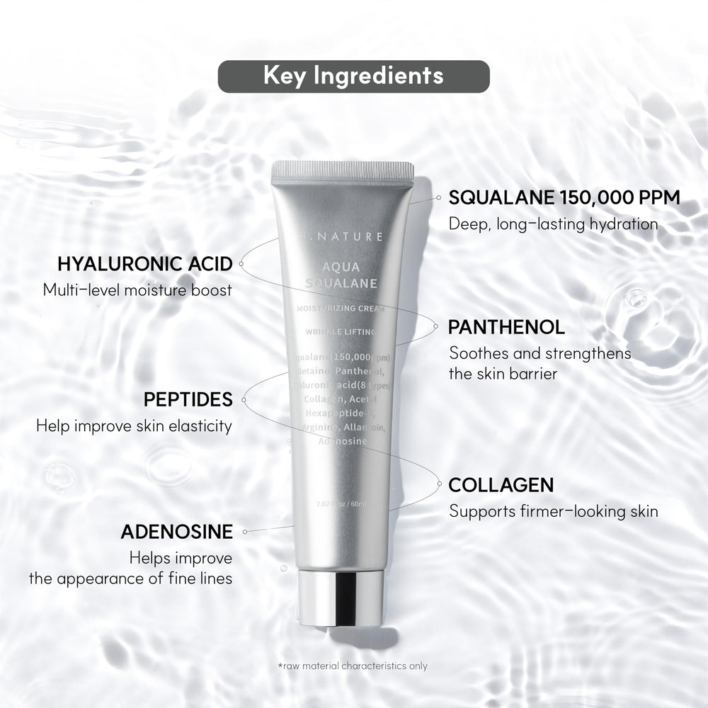 S.NATURE Aqua Squalane Moisturizing Cream provides lightweight hydration on skin.