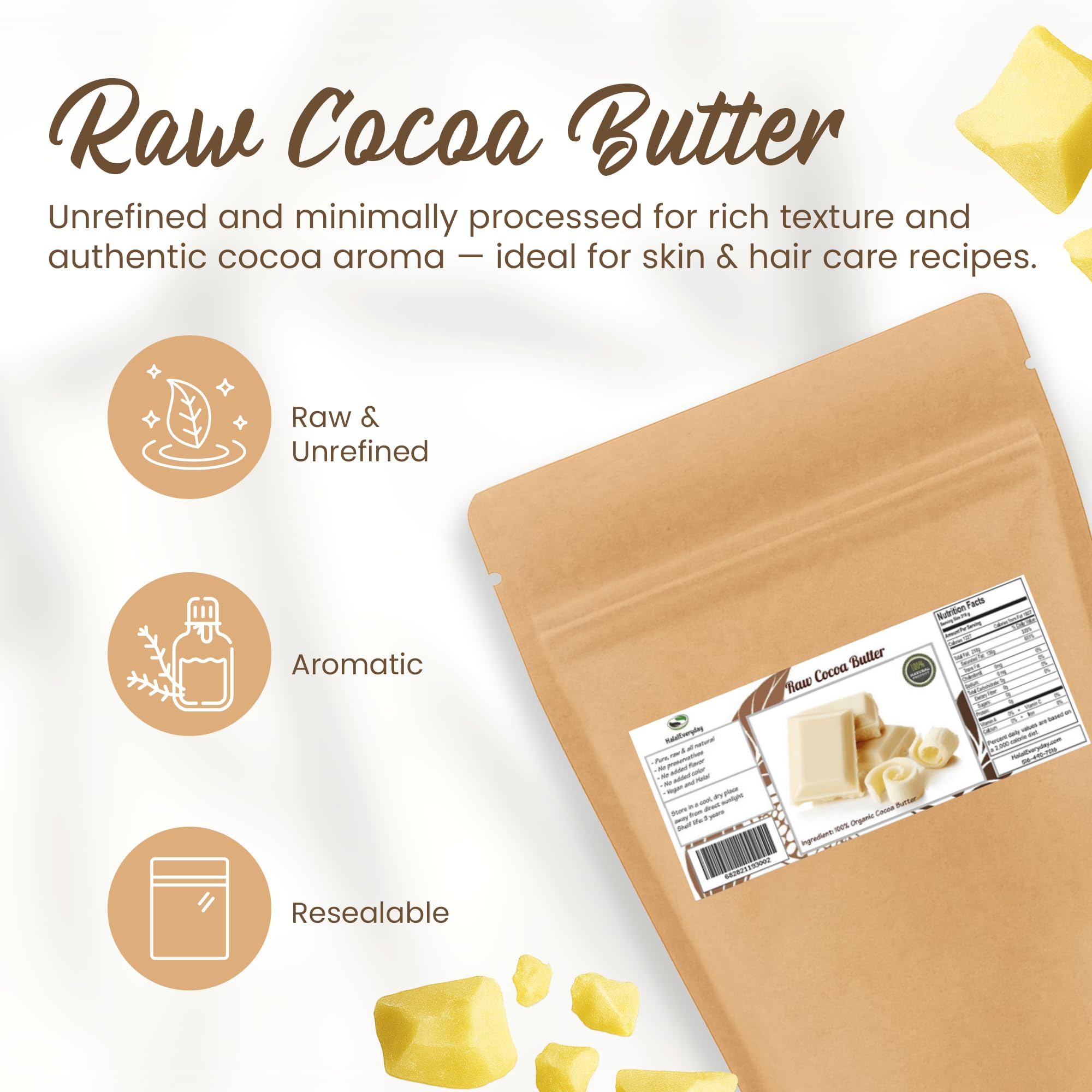 Saaqin Cocoa Butter chunks in resealable bag preserving freshness for long-term use