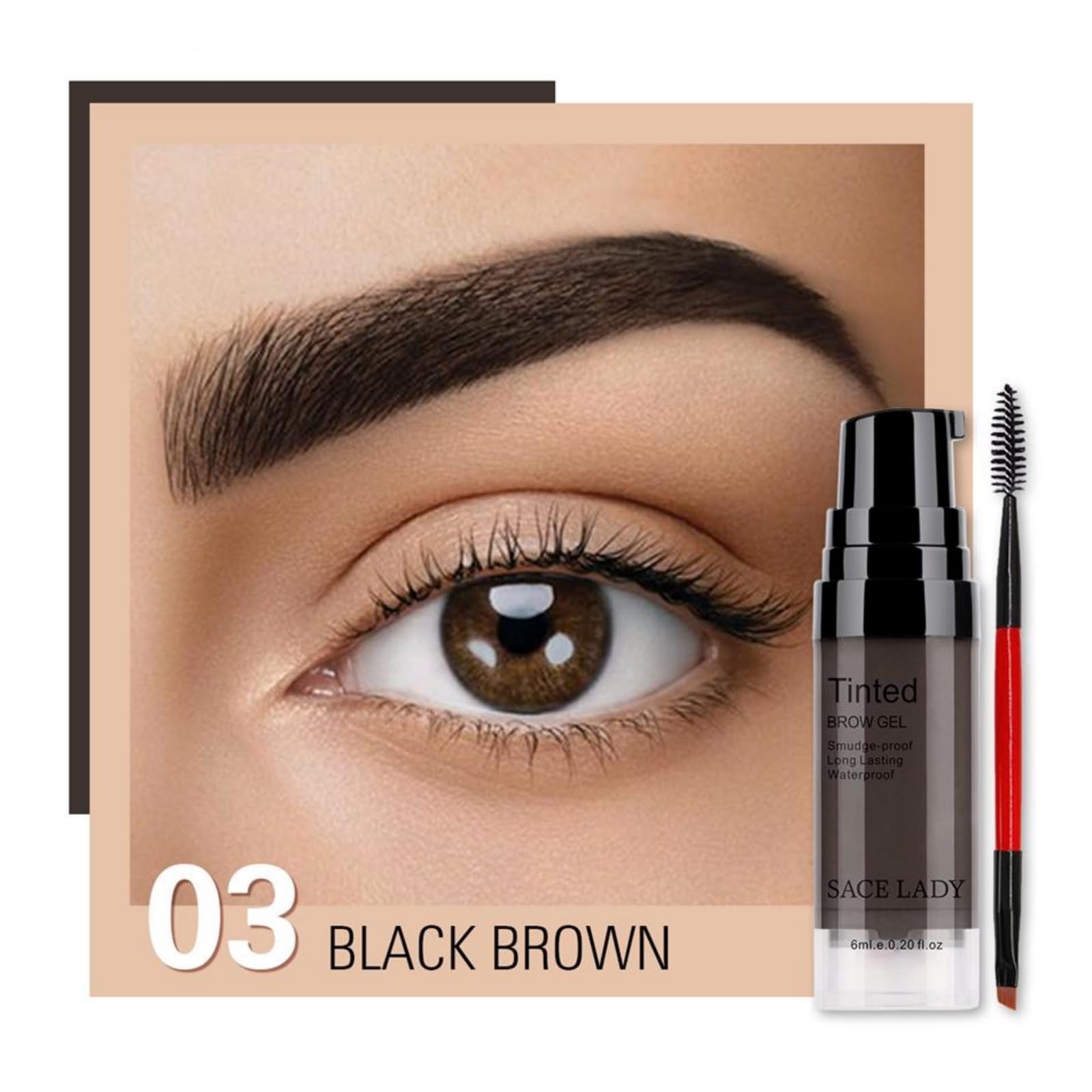 SACE LADY 3D Eyebrow Gel pump action highlights airless design.