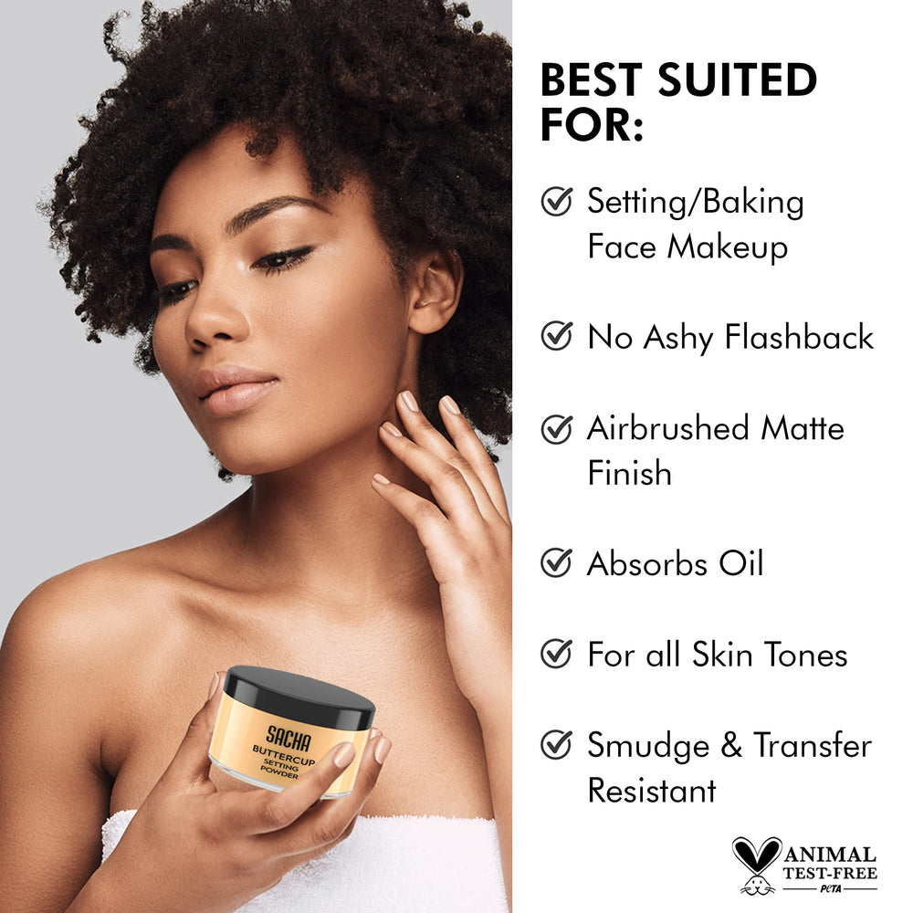 Sacha Buttercup powder being brushed for seamless skin blend