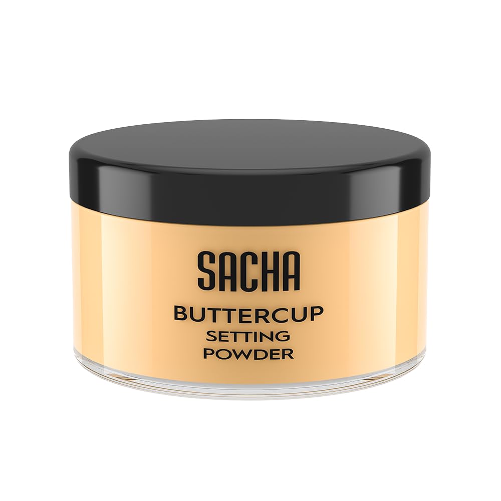 Sacha Buttercup Setting Powder jar close-up shows camera-ready matte finish