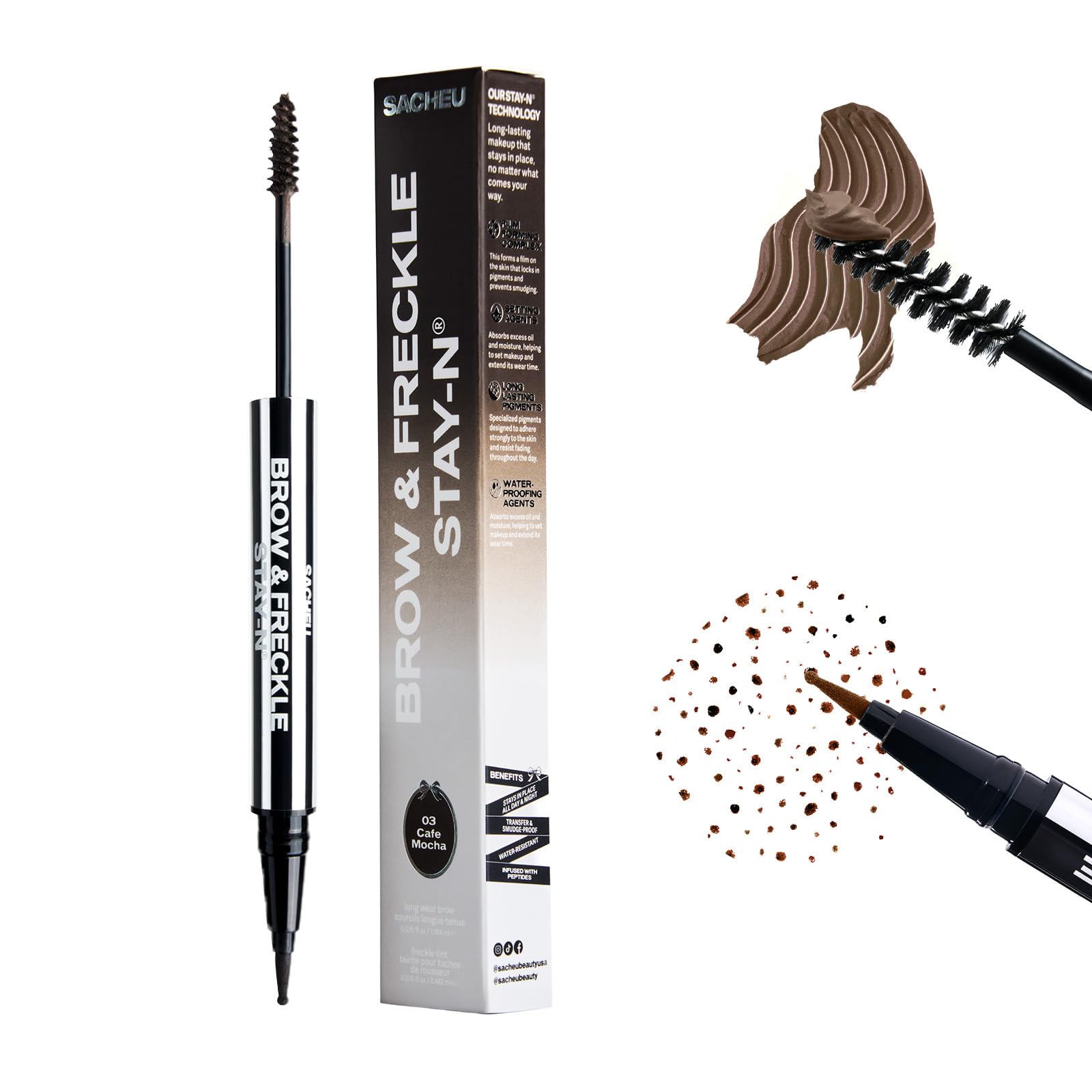 Sacheu cejas con tinte STAY-N ofrece color duradero para todo el día.