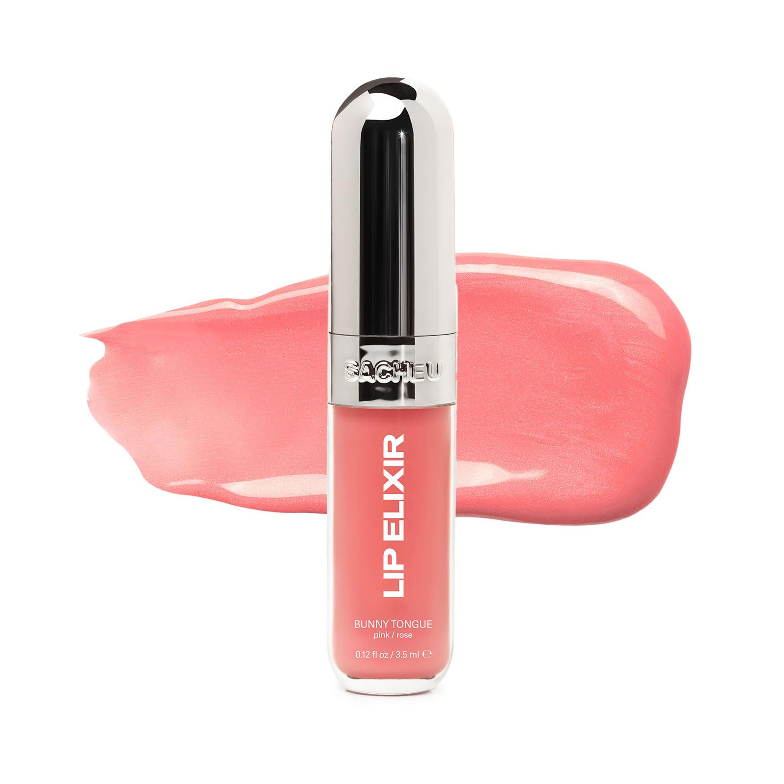 Elixir labial Sacheu en botella rosa iluminando labios