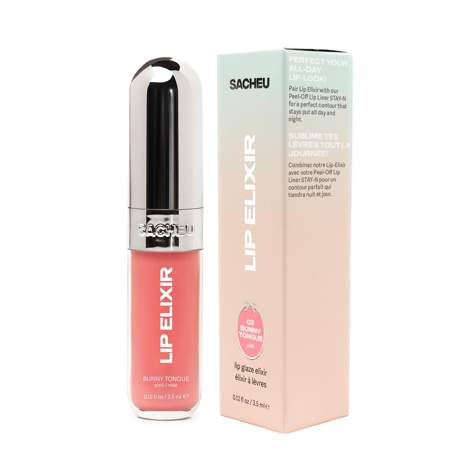 Tono rosa suave del elixir labial Sacheu para realzar el look diario