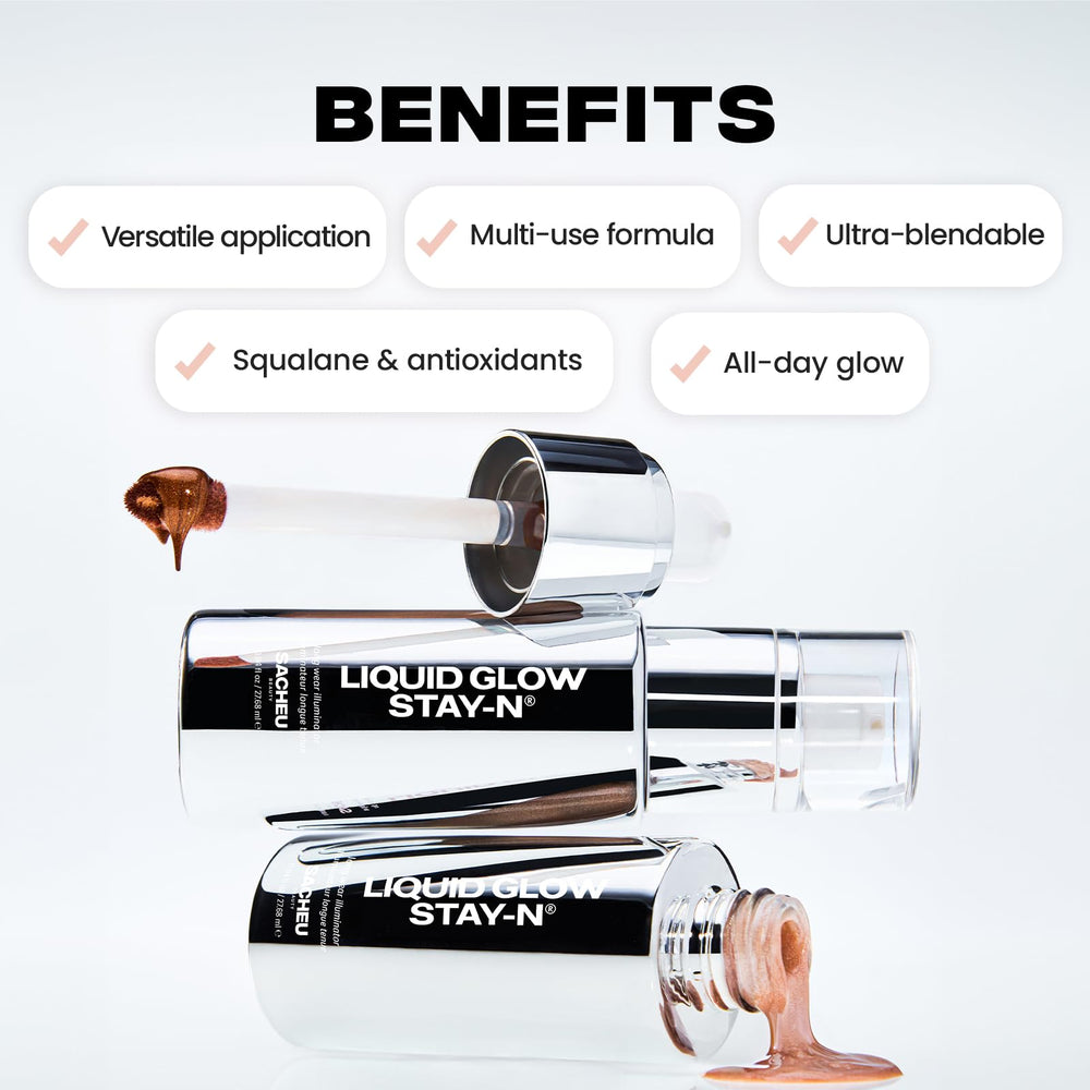 Sacheu Liquid Glow Stay-N sheer tint blends smoothly into skin for natural warmth.