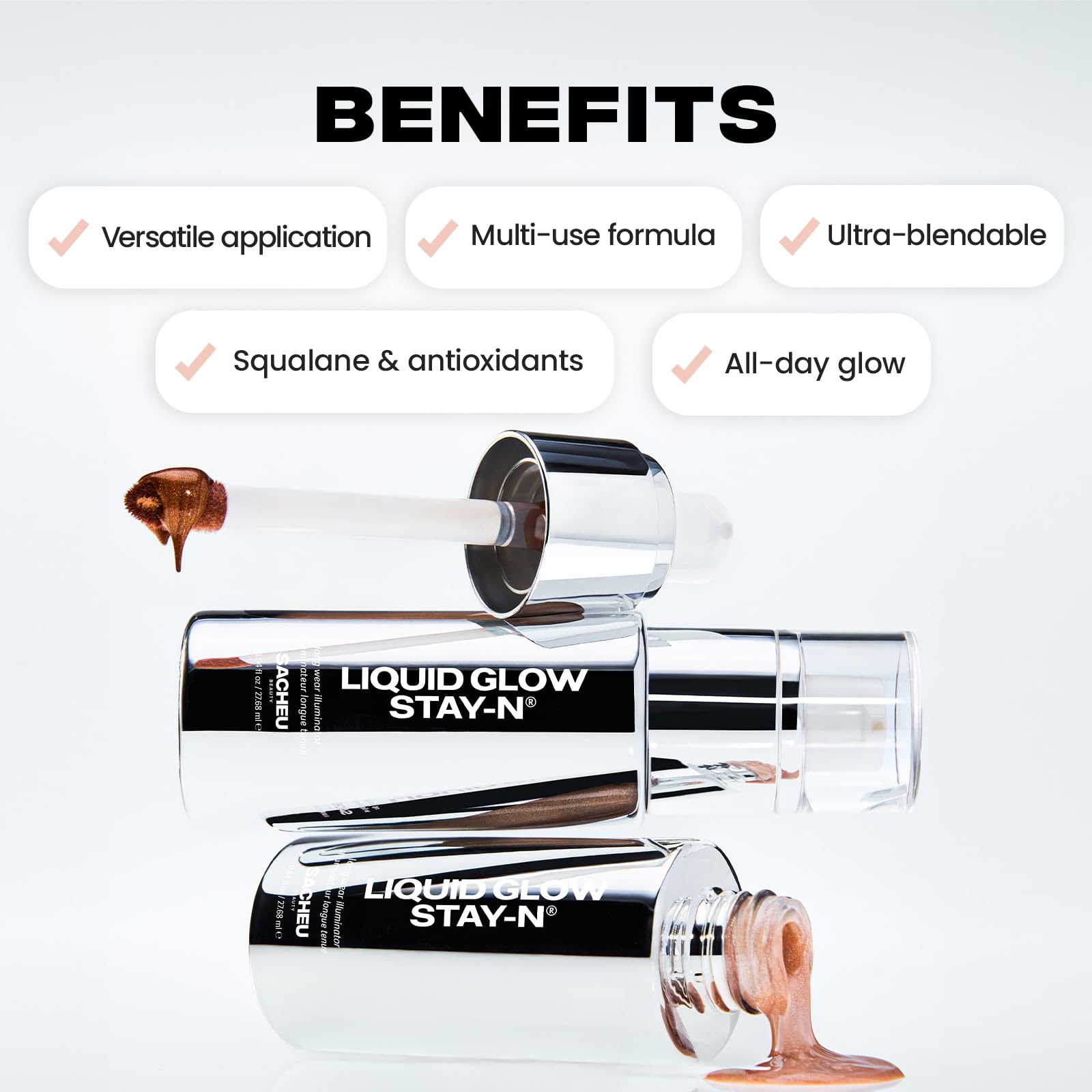 Sacheu Liquid Glow Stay-N swatch on cheek shows radiant, sheer warmth.
