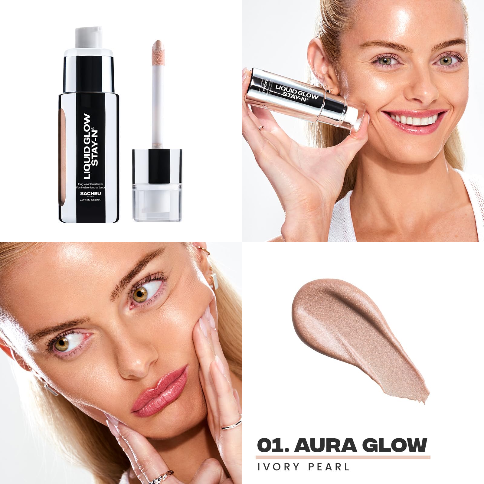 Sacheu Stay-N wand close-up demonstrates targeted cheekbone highlighting with radiant, natural lift.
