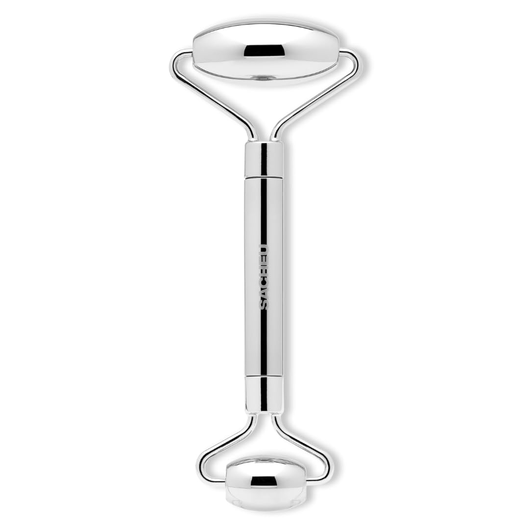 Sacheu stainless steel face roller closeup highlighting durable cooling design for daily skincare