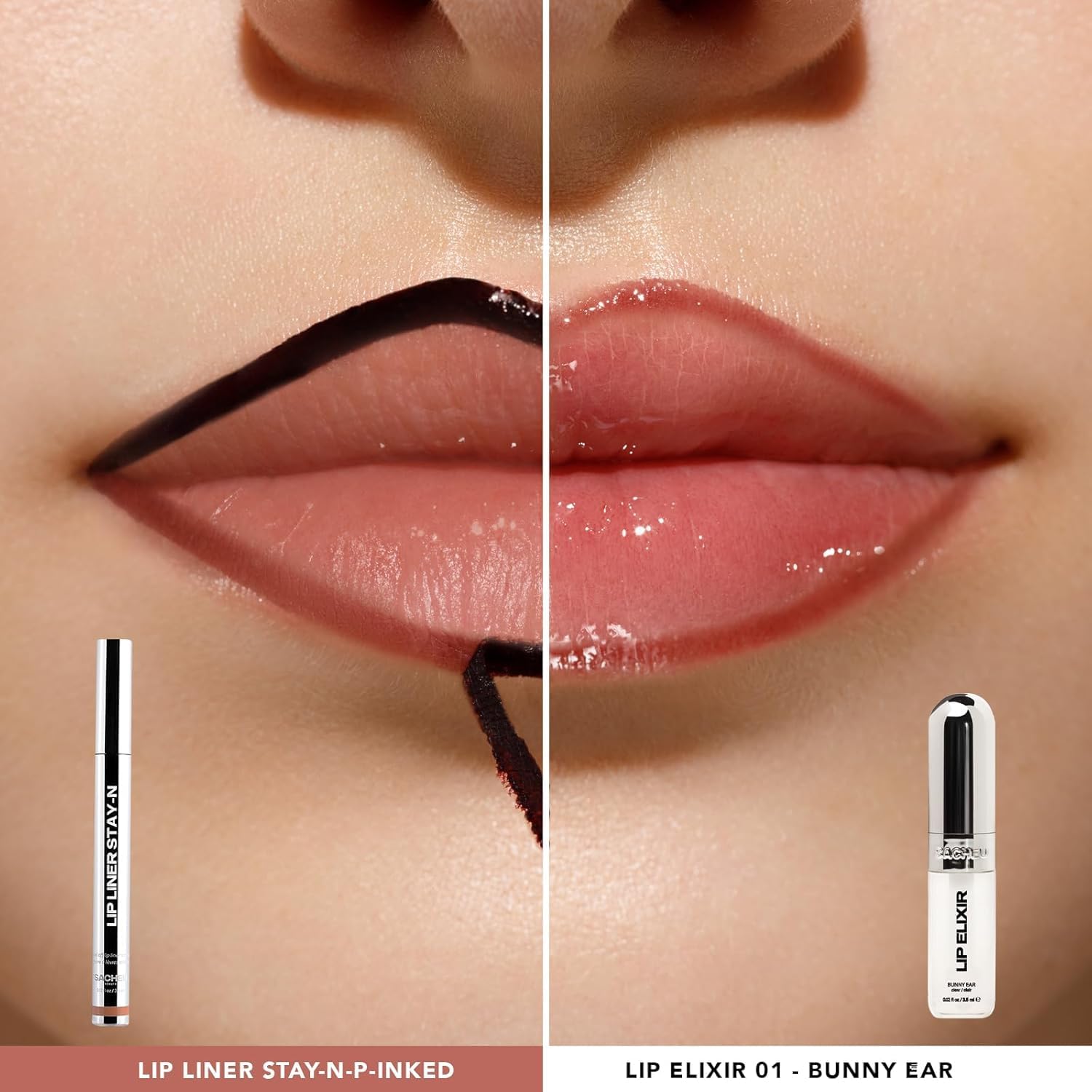 Sacheu Stay-N lip liner demonstrates smudge-proof finish on lips.