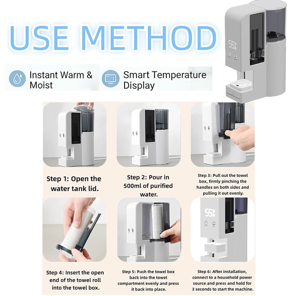 Sachie hot face towel heater in bathroom on vanity, compact size saves space.