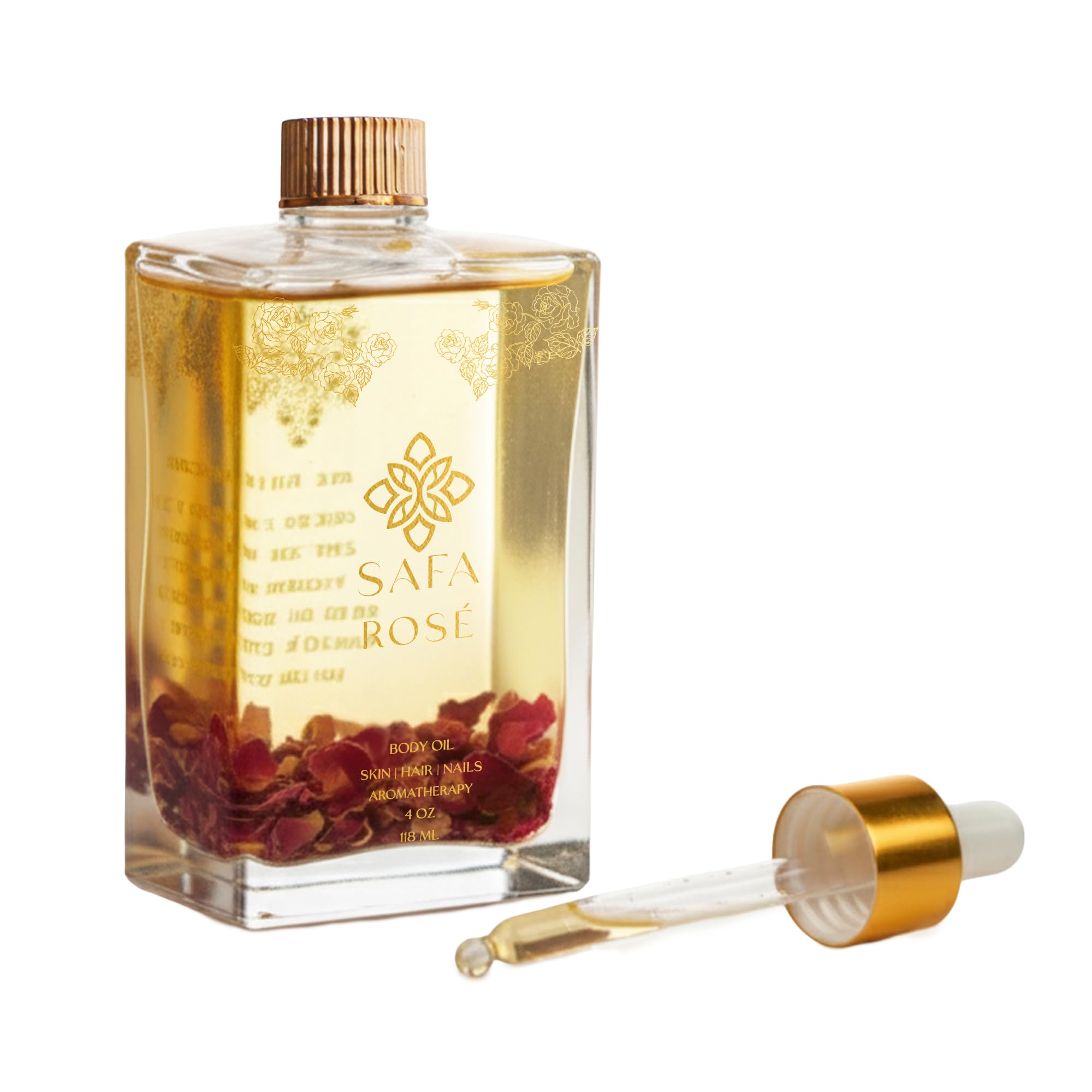 SAFA Rosé Oil bottle close-up showing premium organic rose formula for skin and hair.