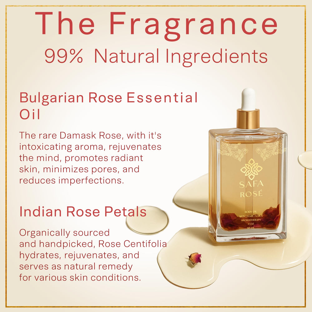 SAFA Rosé Oil dried rose petals in infusion highlight organic sourcing and potency.