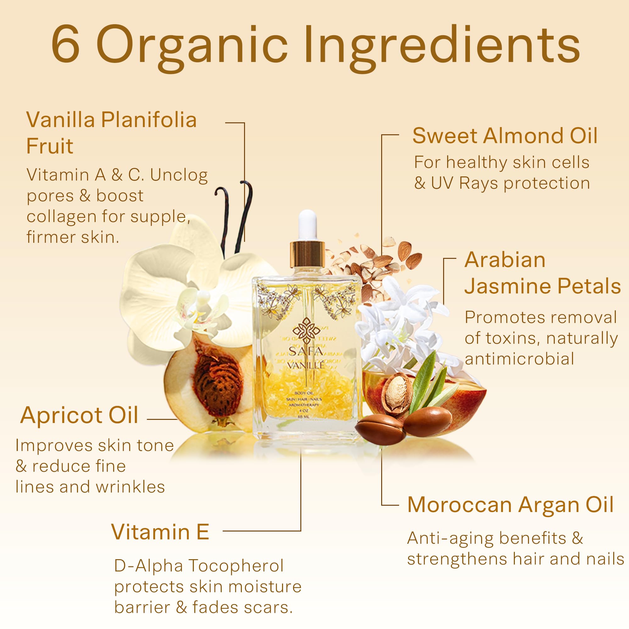 SAFA Vanillé Oil skin-application close-up implies radiant skin and elasticity support