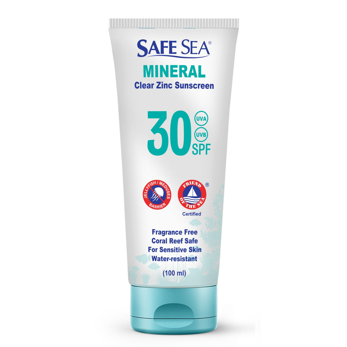 Safe Sea Óxido de Zinc frente de botella con acabado claro.