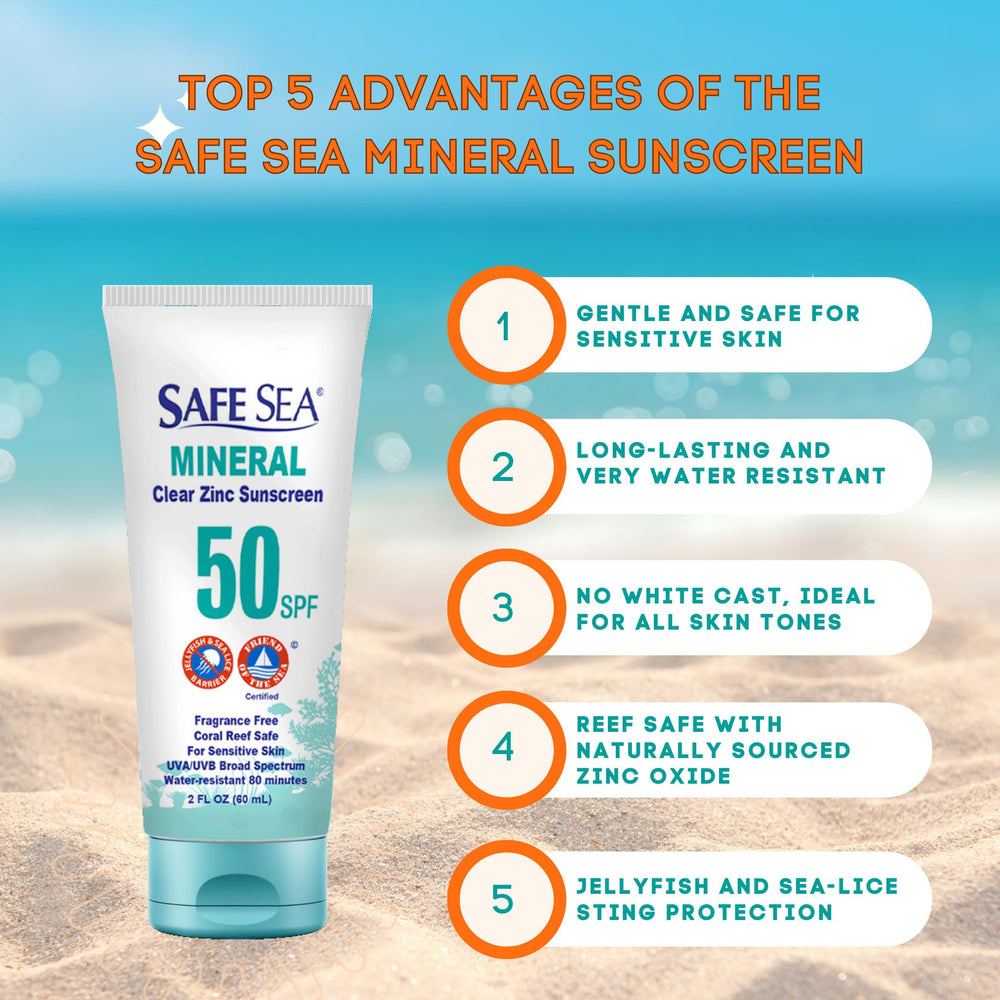 Protector mineral SAFE SEA para cara y cuerpo, textura clara y fácil de aplicar.