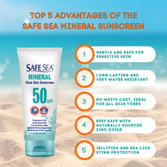 Protector mineral SAFE SEA para cara y cuerpo, textura clara y fácil de aplicar.