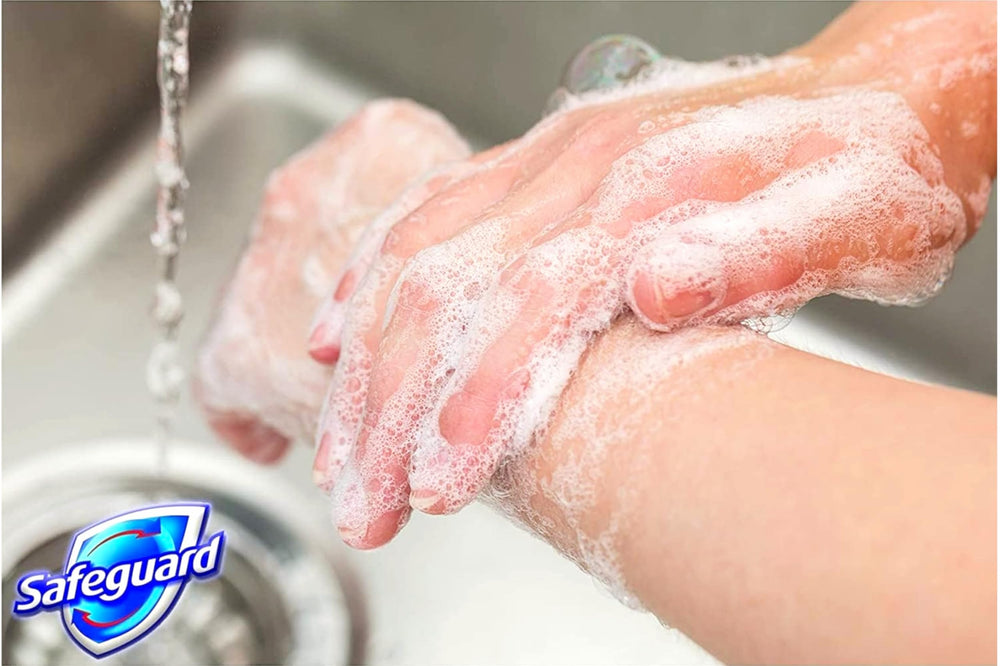 Safeguard bar soap on bathroom shelf signals a family-friendly hygiene staple