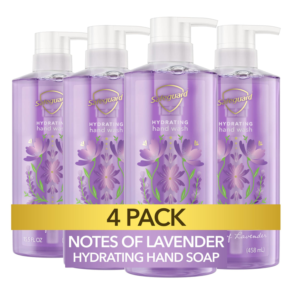 Safeguard jabón líquido para manos con lavanda en botella, aroma suave y refrescante.