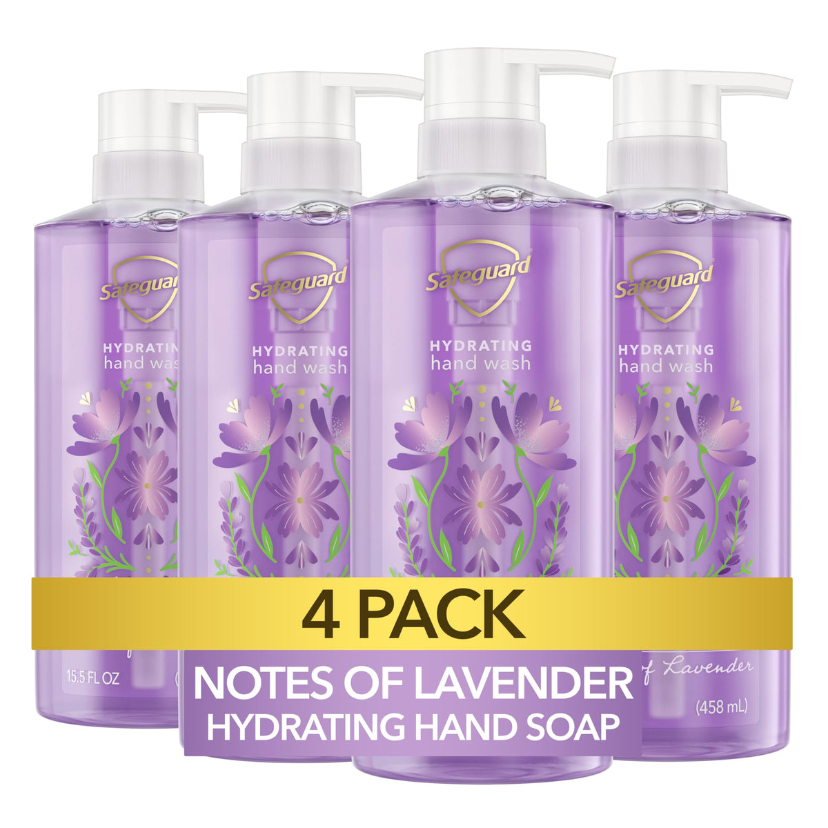 Safeguard jabón líquido para manos con lavanda en botella, aroma suave y refrescante.