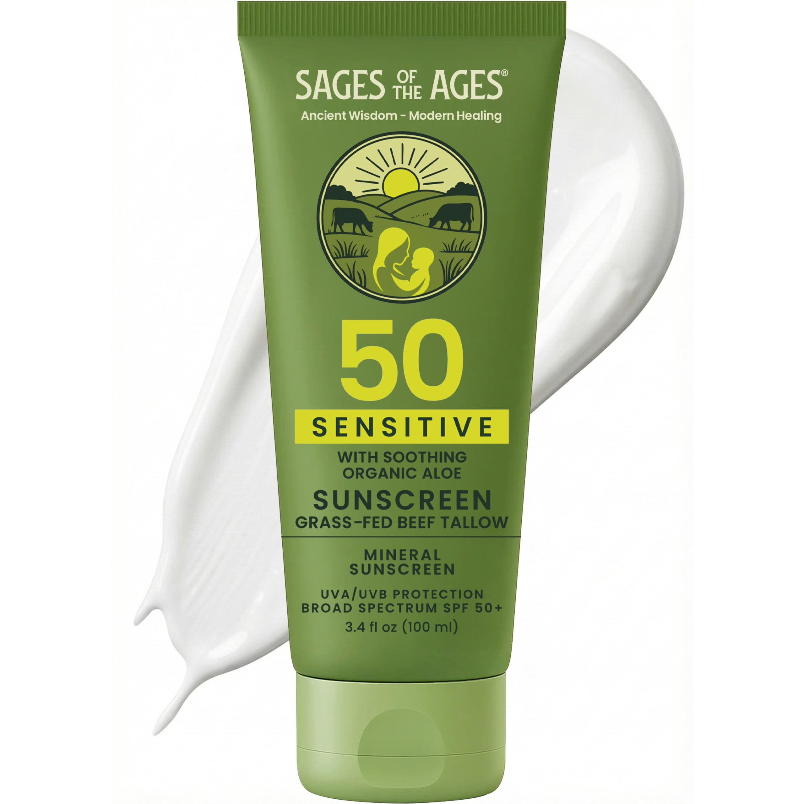 Protector solar SPF 50 de Sages Of The Ages, protección para la piel en botella.