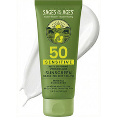 Protector solar SPF 50 de Sages Of The Ages, protección para la piel en botella.