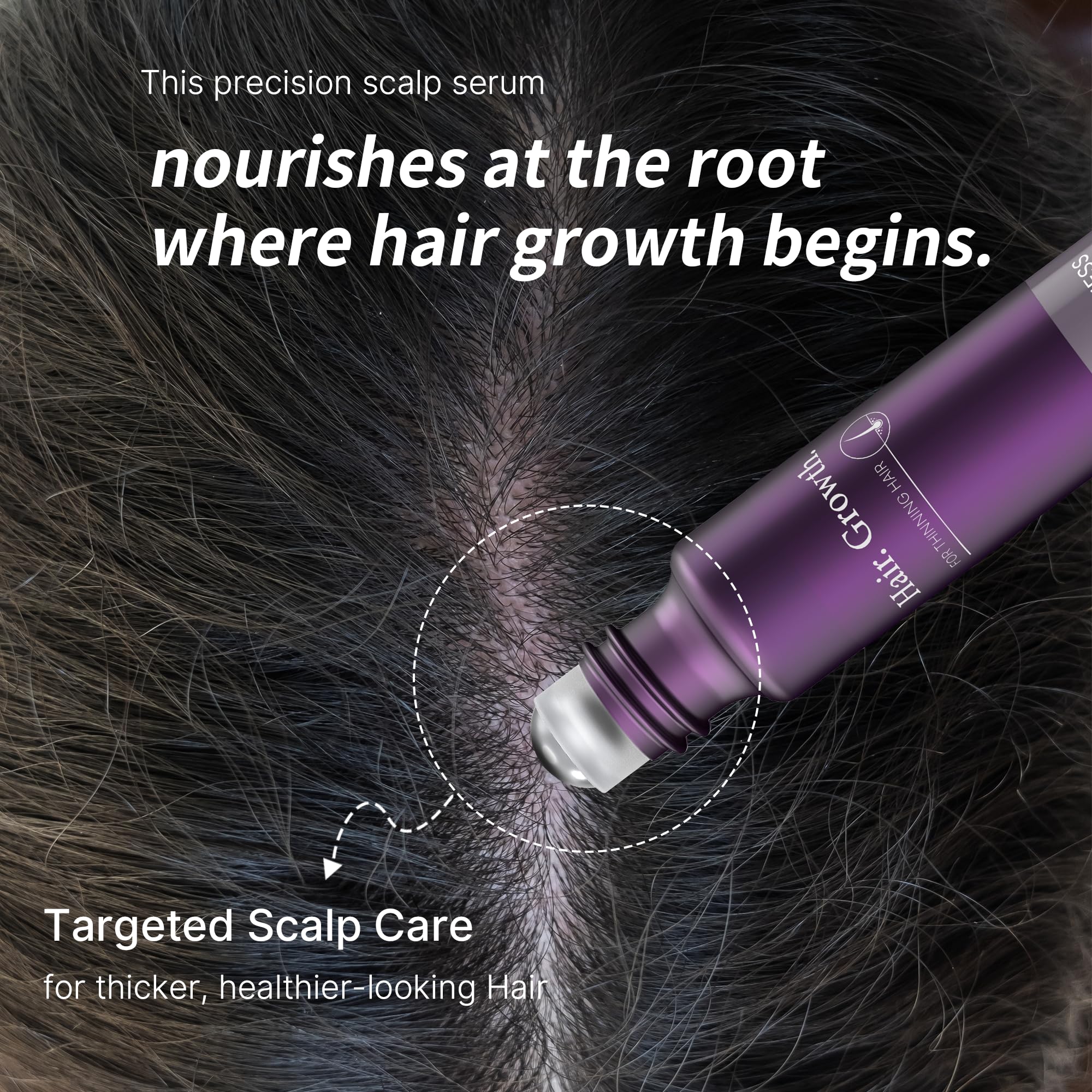 Sahha Hair Thickening Serum Roll-On close-up shows the precise metal roller for easy use.