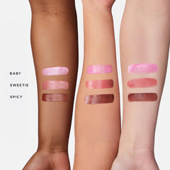 Saie Dew Blush Baby swatch highlights buildable color for sheer to deeper glow.