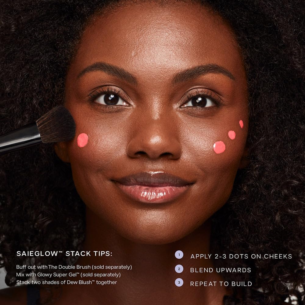 Saie Dew Blush Spicy swatch hints at a deeper flush for evenings.