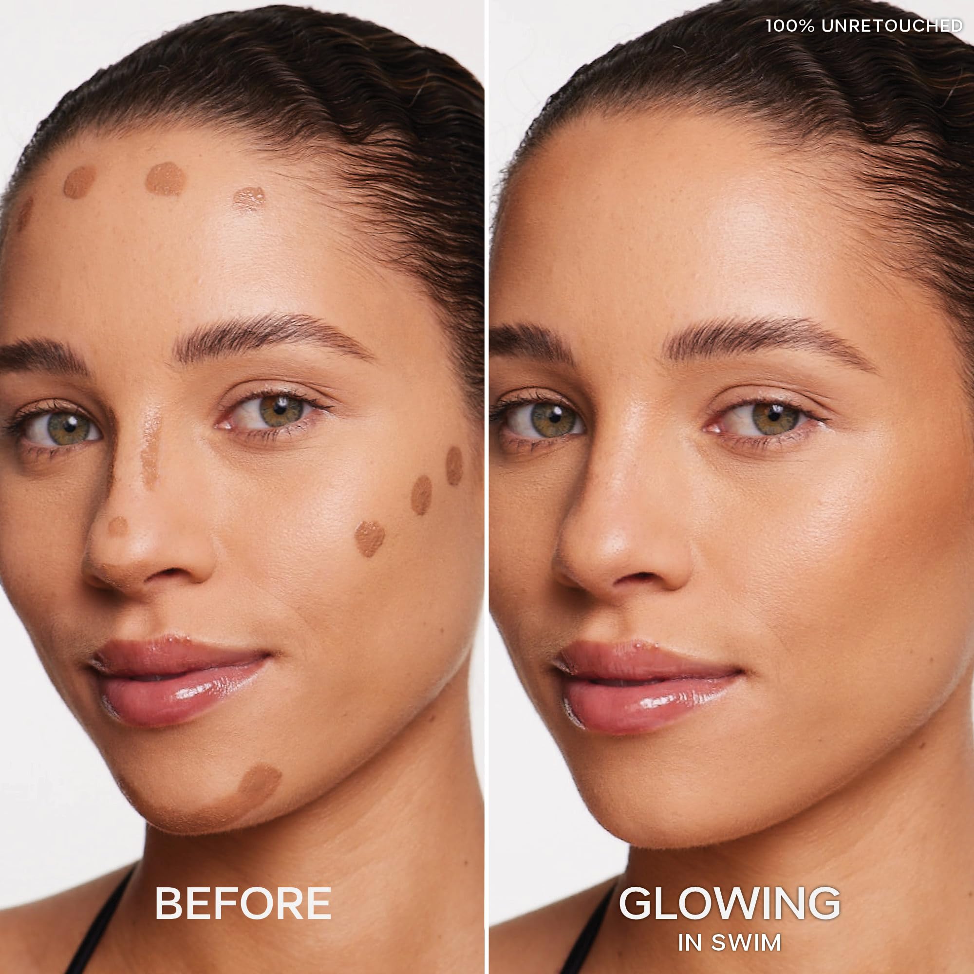 Dew Bronze applied to forehead and nose for warm sun-kissed warmth.