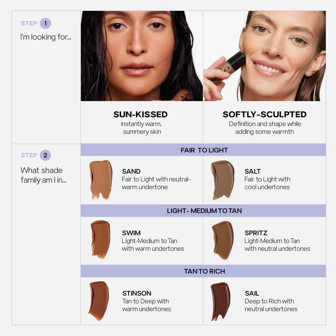 Six shade range of Dew Bronze from cool to warm undertones.