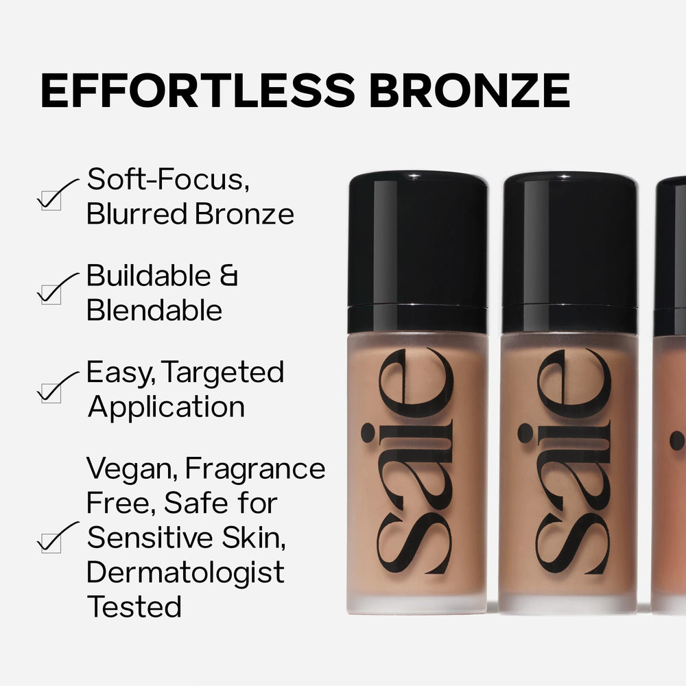 Saie Dew Bronze on skin delivers a dewy finish with soft contour.
