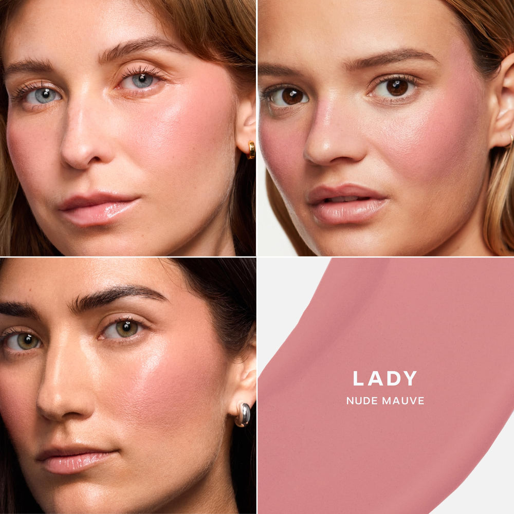 Saie Dew Liquid Blush doe-foot wand applying soft color on skin.