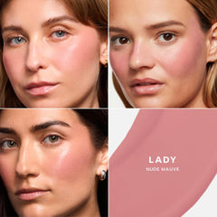 Saie Dew Liquid Blush doe-foot wand applying soft color on skin.