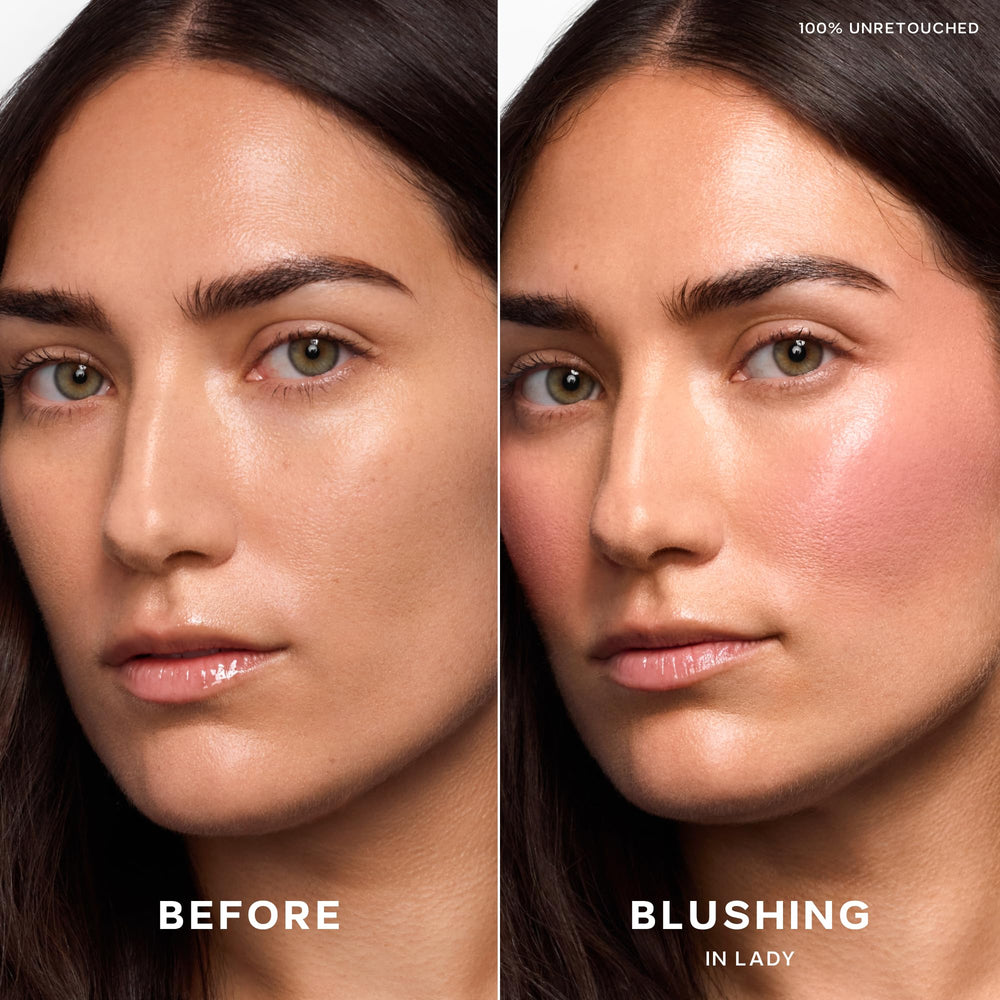 Saie Dew Liquid Blush creamy texture swatch on cheek for natural glow.