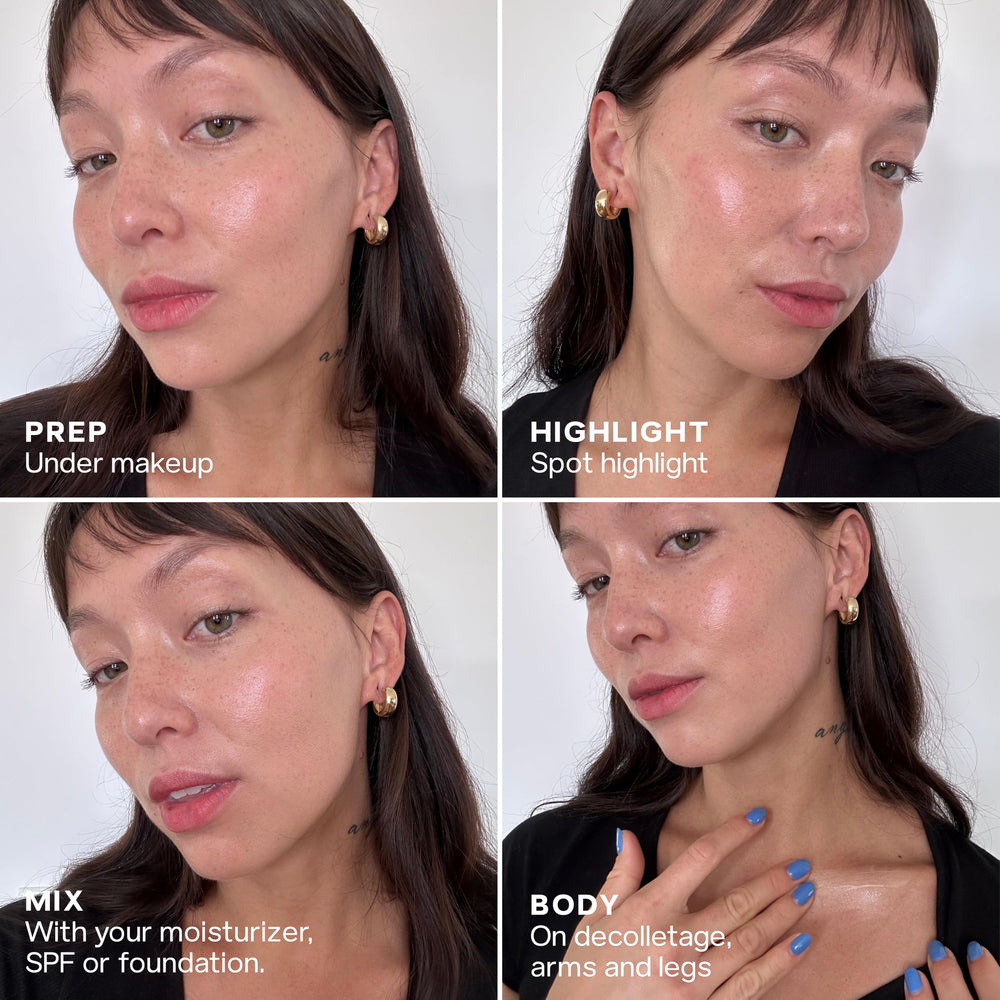 Saie Glowy Super Gel applied on face for glass skin radiance.