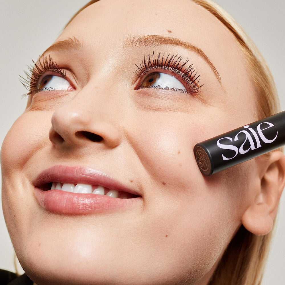 Saie Mascara 101 brown shade swatch for everyday look.