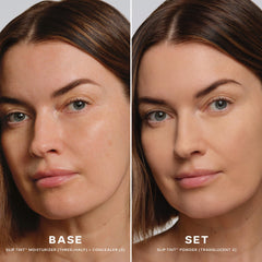 Saie Slip Tint Baked Setting Powder brush-swatch demonstrates easy application
