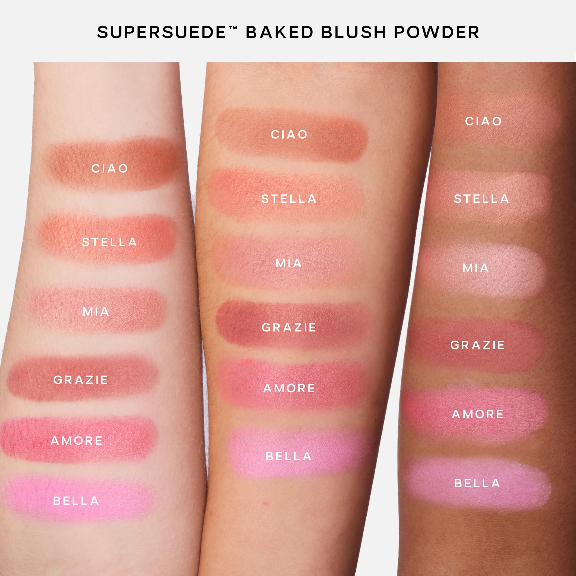 Mia shade on the cheek with natural glow using Saie SuperSuede Baked Blush.