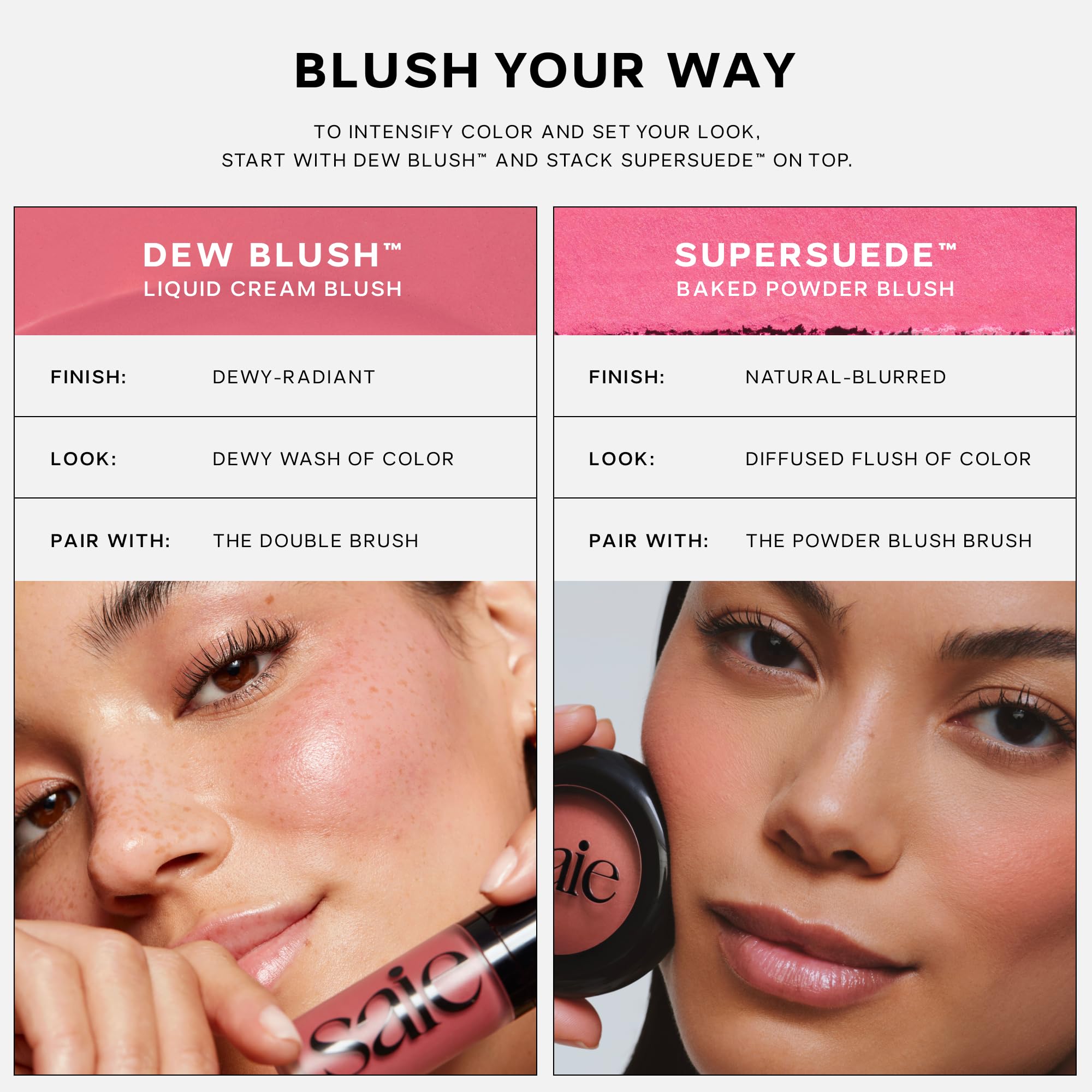 Soft brush stroke spreading even color with Saie SuperSuede Baked Blush.