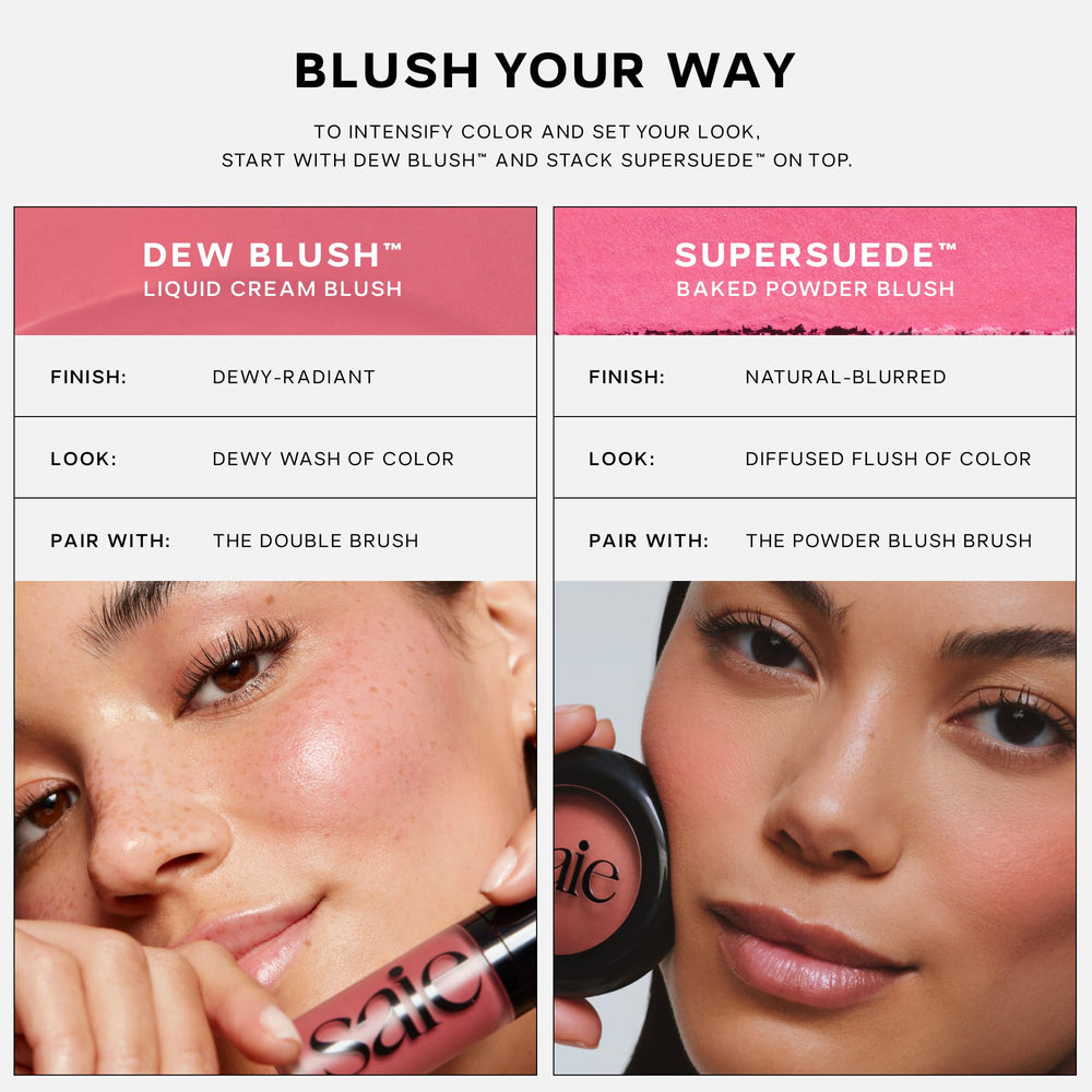Soft brush stroke spreading even color with Saie SuperSuede Baked Blush.