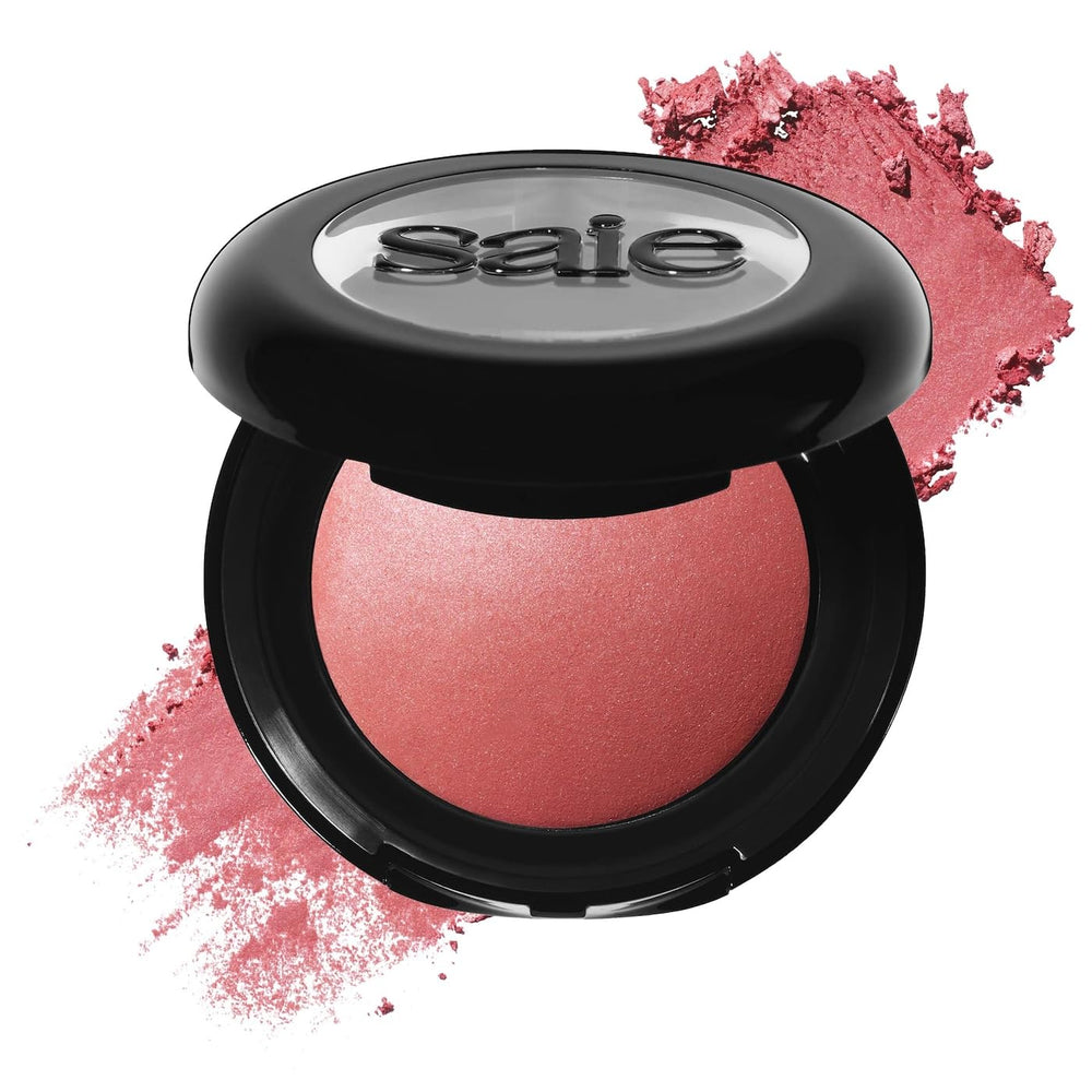 Saie SuperSuede Baked Blush Mia swatches for a soft, diffused glow.