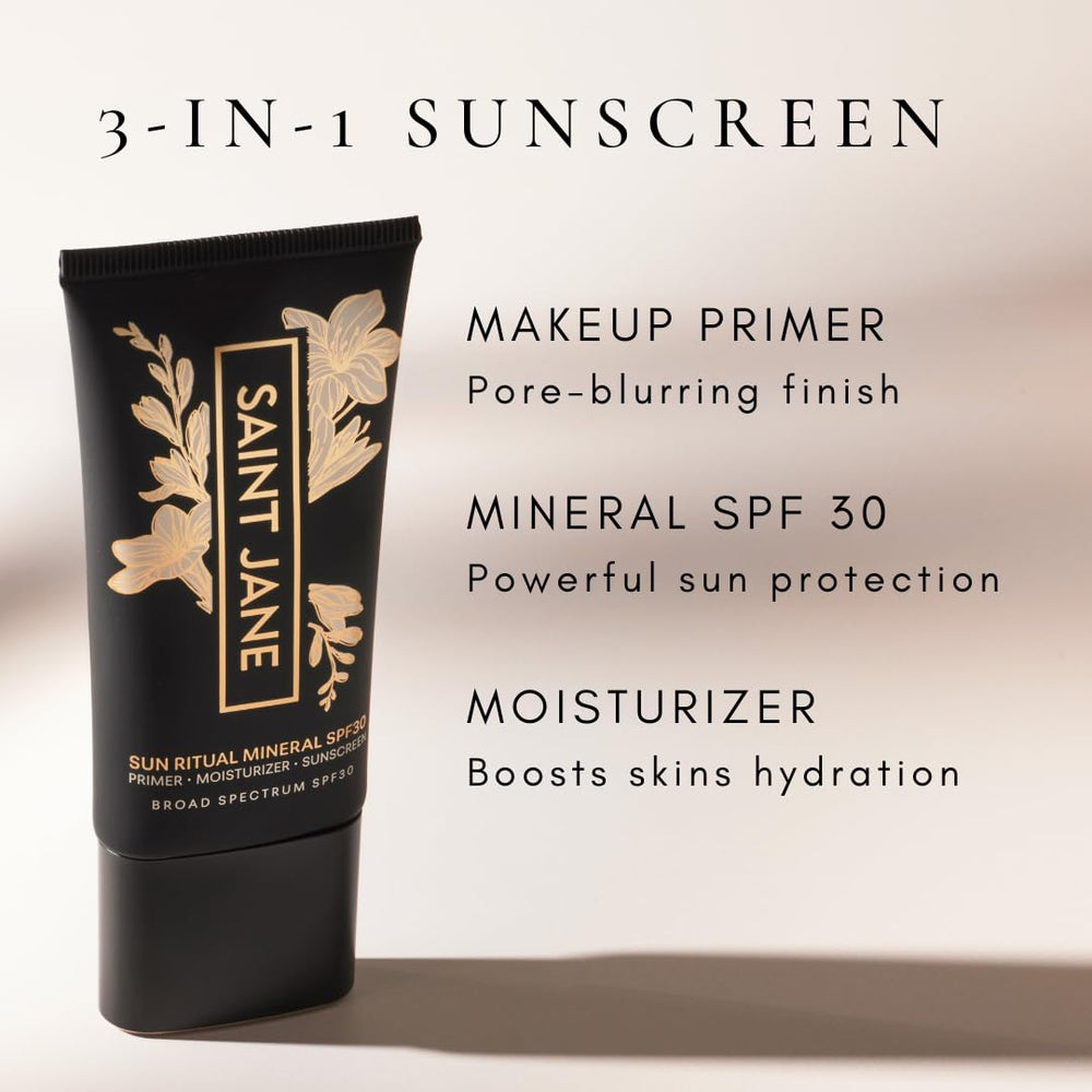 SAINT JANE Luxury Sun Ritual bottle exudes cooling, hydrating feel while protecting skin.