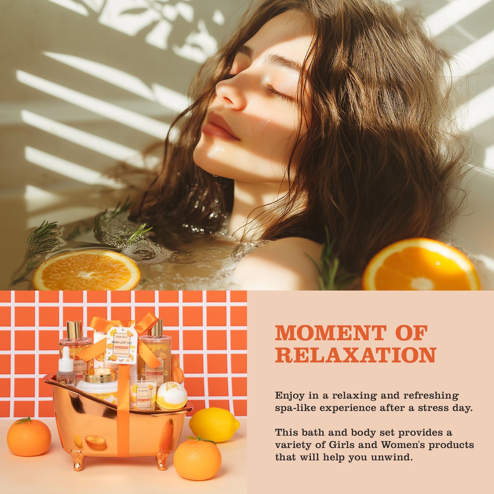 Saint Roy orange scents spa gift set bath bomb with floral notes for a luxurious fizz.
