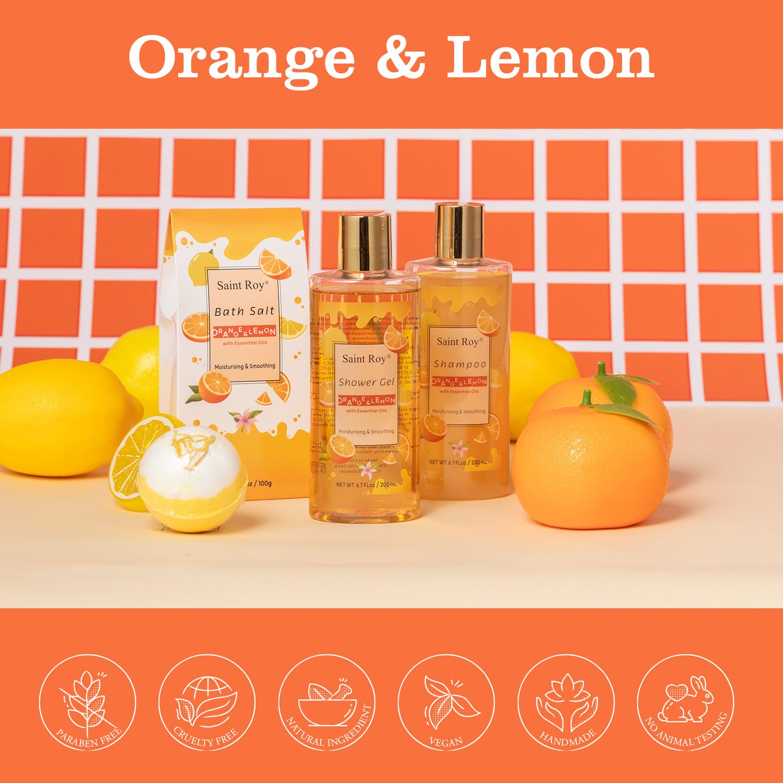 Saint Roy orange scents spa gift set body lotion tube for nourished-looking skin after showers.