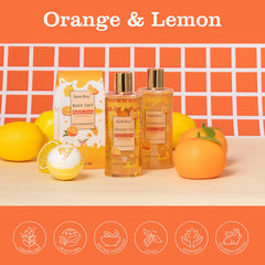 Saint Roy orange scents spa gift set body lotion tube for nourished-looking skin after showers.
