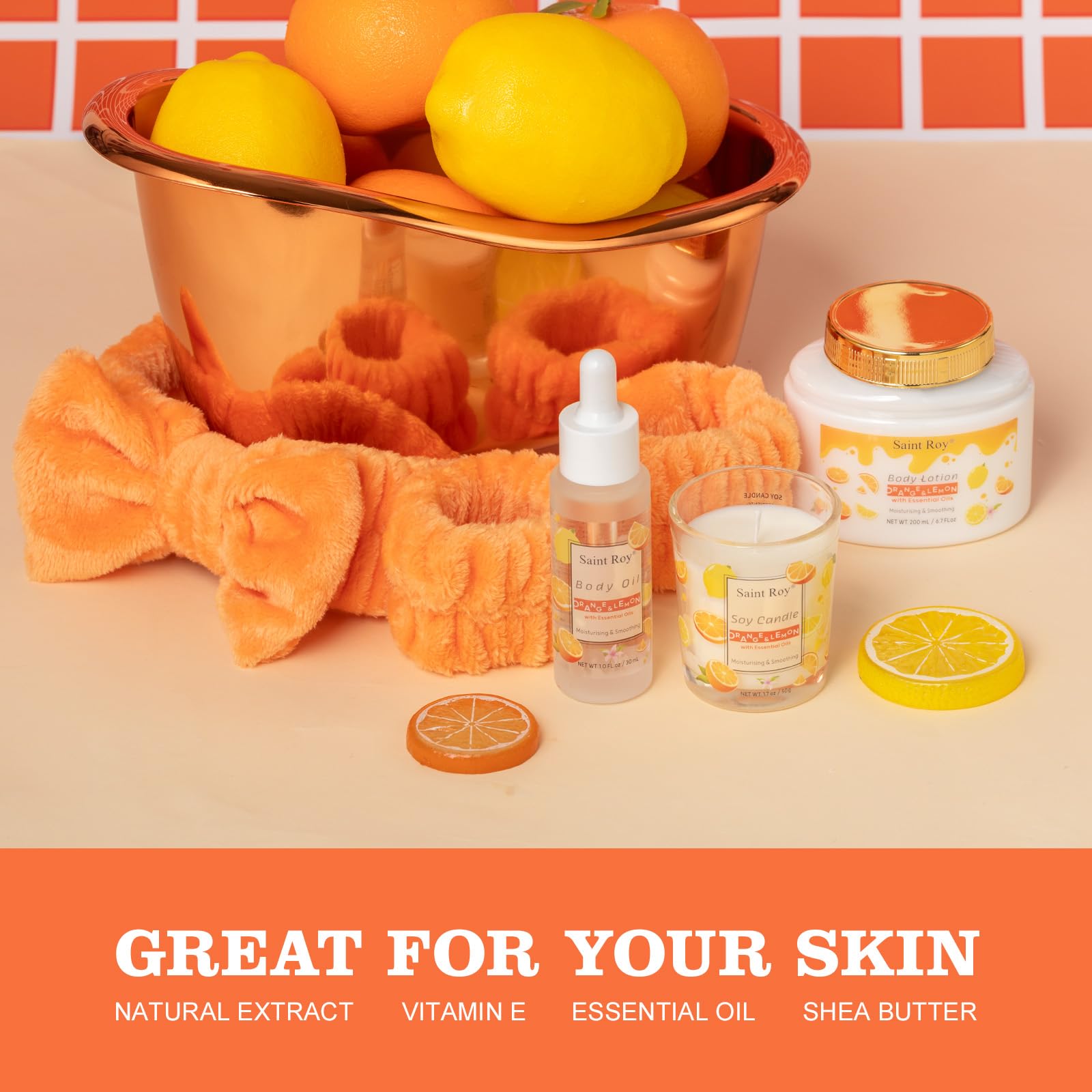 Saint Roy orange scents spa gift set jojoba oil bottle for hydrating spa rituals.