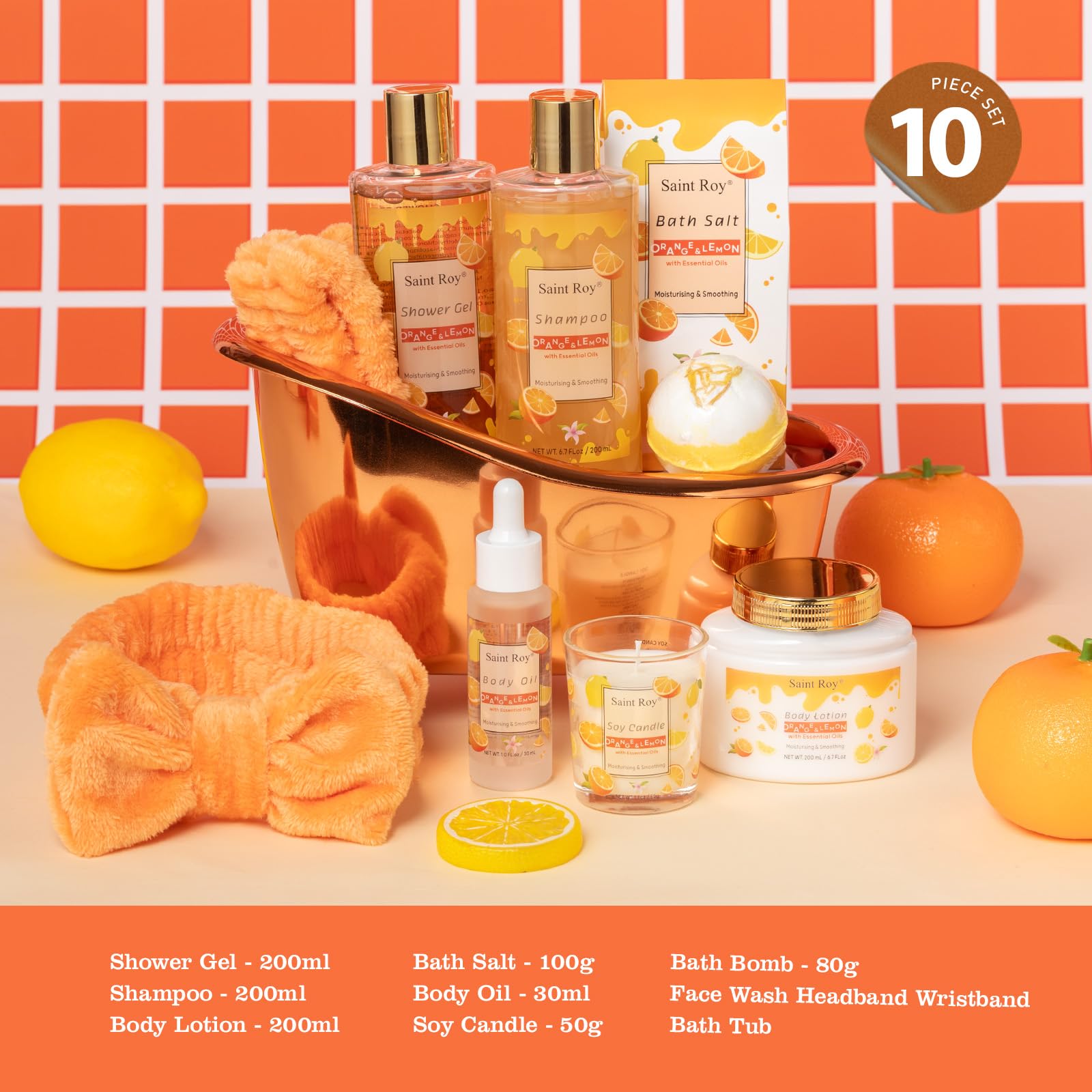 Saint Roy orange scents spa gift set shower gel bottle for refreshing morning routines.
