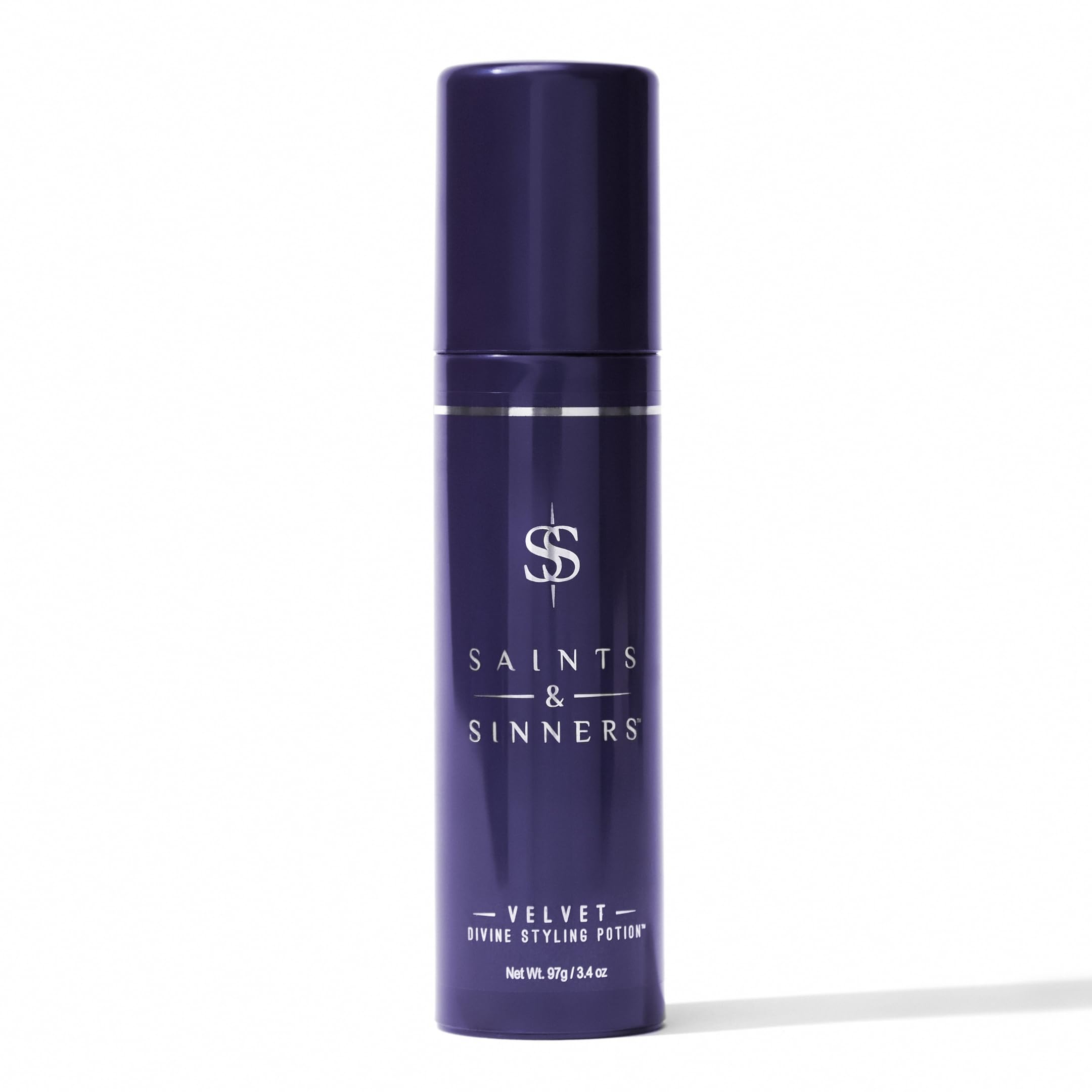Saints & Sinners Velvet Divine styling potion bottle demonstrates heat protection for all hair types.