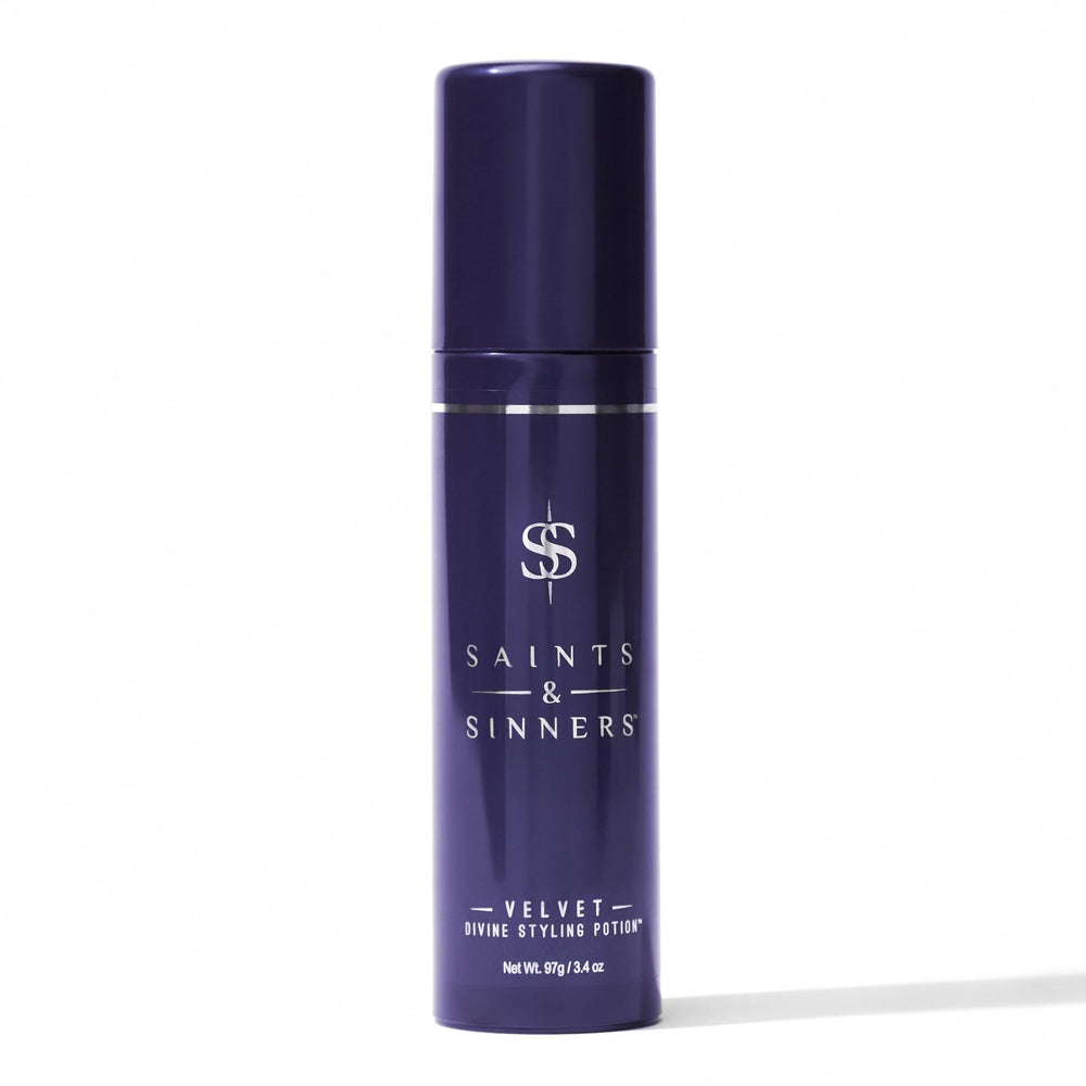 Saints & Sinners Velvet Divine styling potion bottle demonstrates heat protection for all hair types.